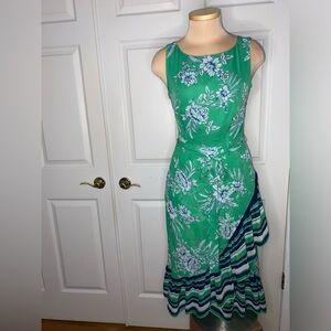 Sandra Darren Green Floral Dress Size 10 Asymmetrical Stripe Statement Dress